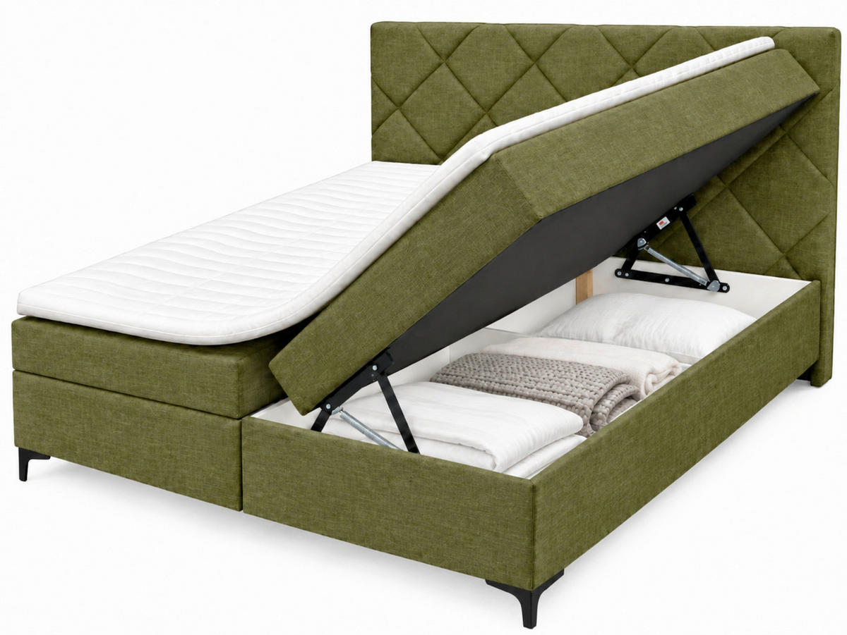 BOXBETT 180/200 cm,  in Grün, Bettkasten, Topper, H3 + H3 = fest  - Schwarz/Grün, MODERN, Holz/Textil (180/200cm) - MID.YOU