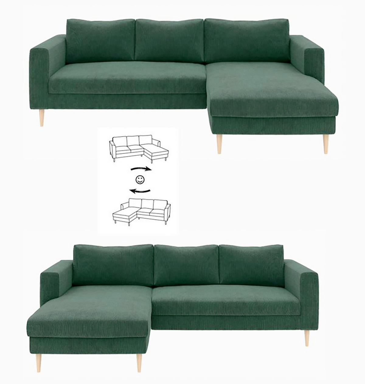 ECKSOFA Dunkelgrün Cord  - Dunkelgrün/Buchefarben, MODERN, Holz/Textil (232/161cm) - Trendmanufaktur