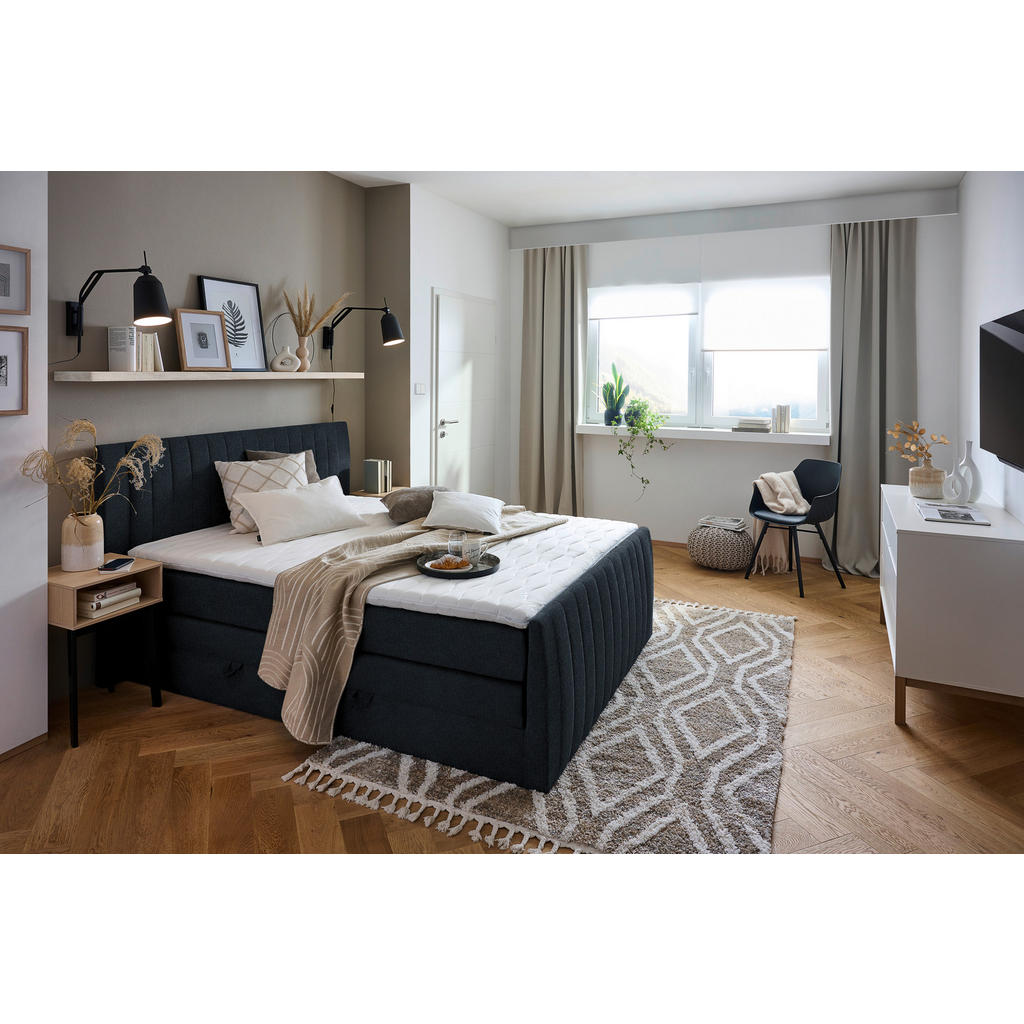 Thumbnail - Boxxx Boxspringbett, Schwarz, Textil, H3, Höhe ca. 19 cm, 180x200 cm, Bettkasten, gepolstertes Kopfteil, Stoffauswahl, i...