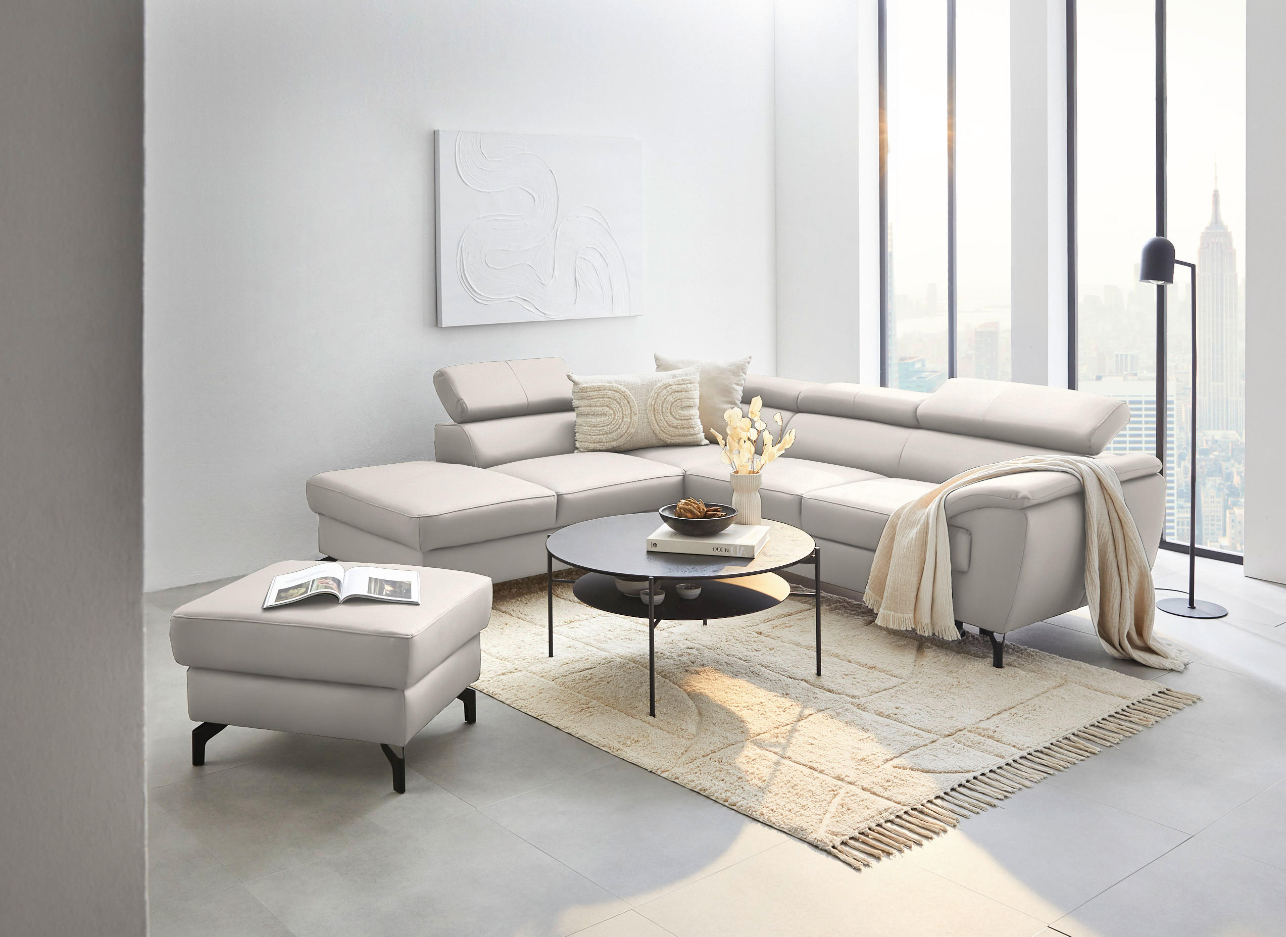 ECKSOFA in Lederlook Kombination Echtleder/Lederlook Ecru  - Ecru/Schwarz, Design, Leder/Textil (220/256cm) - Celina Home