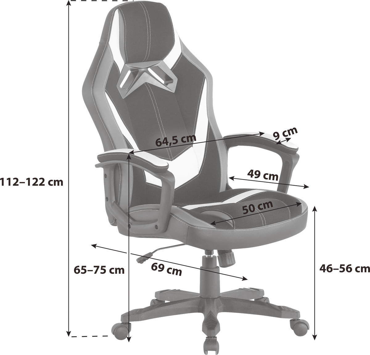 GAMINGSTUHL  in Lederlook, Mikrofaser Grau, Schwarz, Weiß  - Schwarz/Weiß, Design, Kunststoff/Textil (64,5/112-122/69cm) - Livetastic