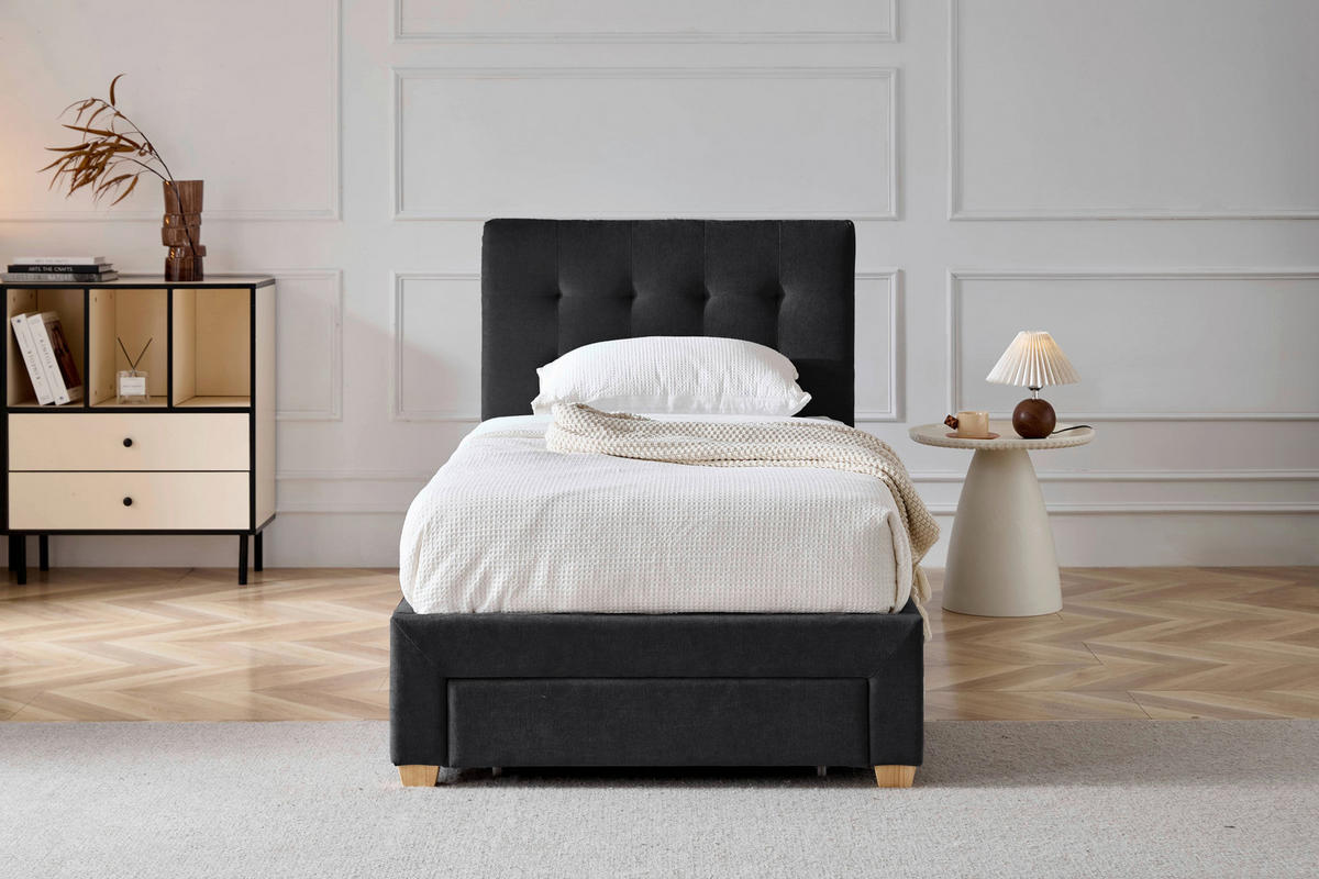 POLSTERBETT 90/200 cm, inkl. gepolstertes Kopfteil, Lattenrost, Bettschubladen,  in Dunkelgrau  - Dunkelgrau/Naturfarben, Design, Holz/Textil (90/200cm) - Boxxx