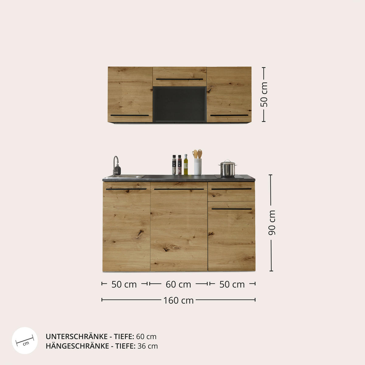 KÜCHENBLOCK   in Anthrazit, Braun, Eiche Artisan  - Anthrazit/Schwarz, Trend, Holzwerkstoff/Kunststoff (160/212/60cm) - MID.YOU