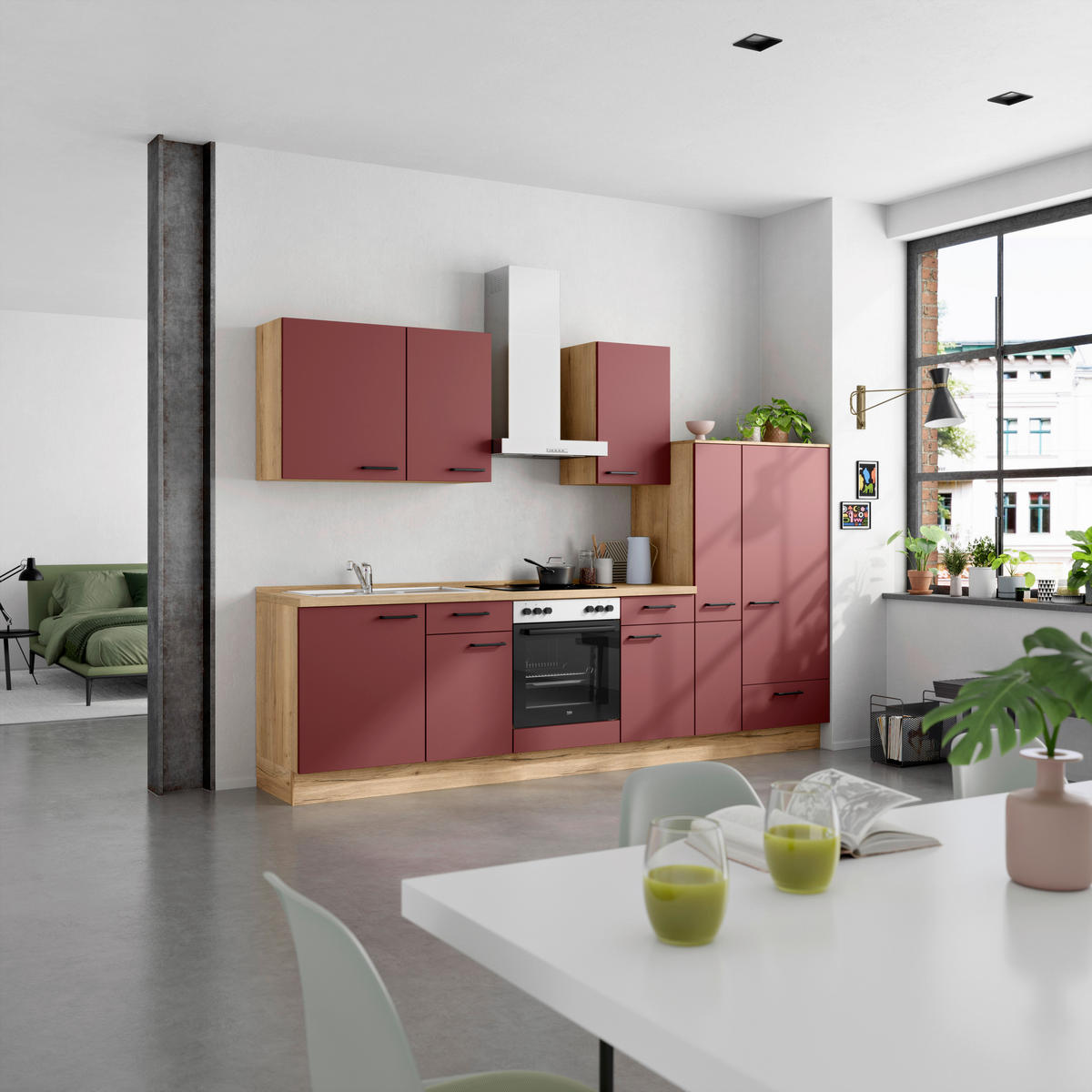 KÜCHENLEERBLOCK 300 cm   in Rot, Eichefarben  - Eichefarben/Rot, MODERN, Holzwerkstoff/Metall (300cm) - Nobilia