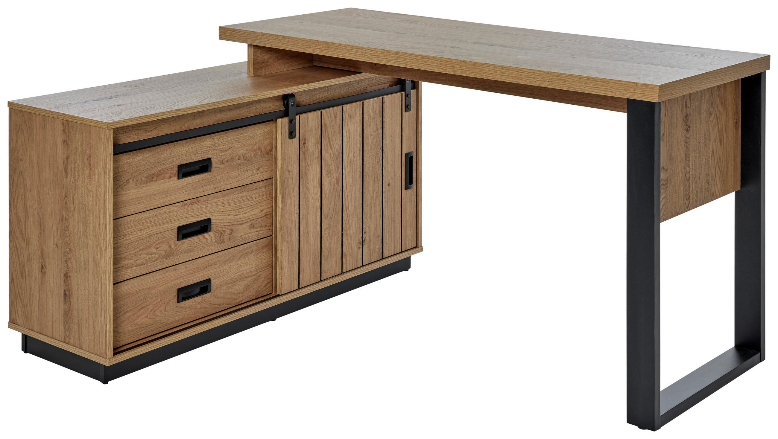 ECKSCHREIBTISCH 150/116/75,5 cm  in Eichefarben  - Eichefarben/Schwarz, MODERN, Holzwerkstoff/Metall (150/116/75,5cm) - MID.YOU