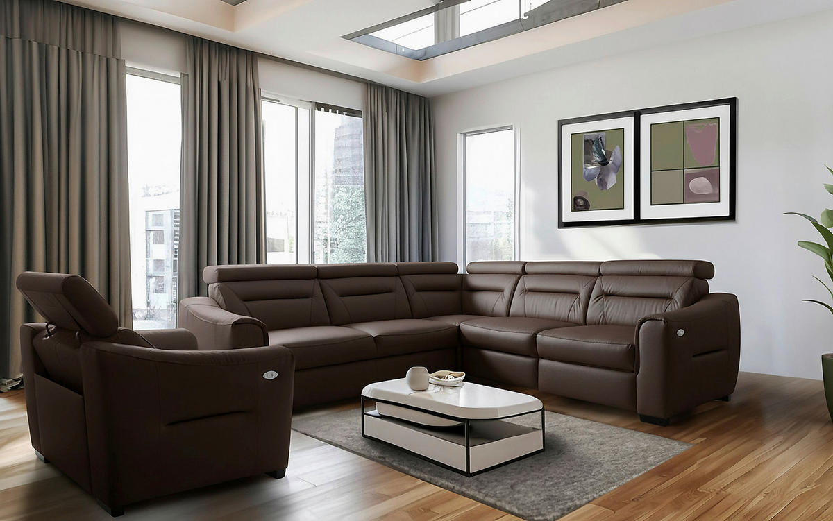 ECKSOFA Dunkelbraun Echtleder Lederlook Schlaffunktion, Rücken echt, Relaxfunktion, Kopfteilverstellung  - Wengefarben/Dunkelbraun, Design, Leder/Holz (260/260cm) - Celina Home