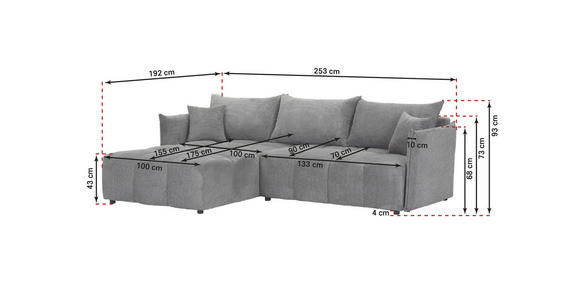 ECKSOFA Grau Plüsch Zierkissen, Rückenkissen, Bettkasten, Schlaffunktion, Rücken echt, Liegefläche im Originalstoff  - Schwarz/Grau, KONVENTIONELL, Kunststoff/Textil (253/192cm) - Carryhome