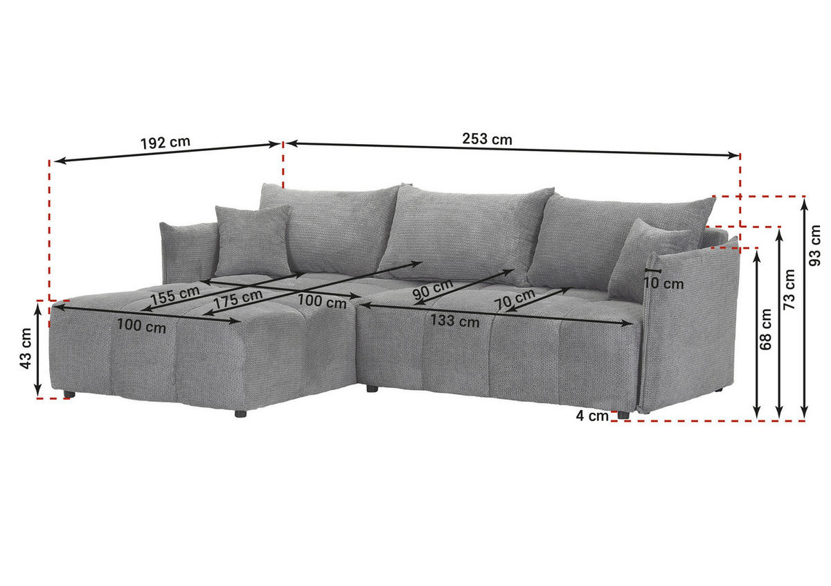 ECKSOFA Grau Plüsch Zierkissen, Rückenkissen, Bettkasten, Schlaffunktion, Rücken echt, Liegefläche im Originalstoff  - Schwarz/Grau, KONVENTIONELL, Kunststoff/Textil (253/192cm) - Carryhome