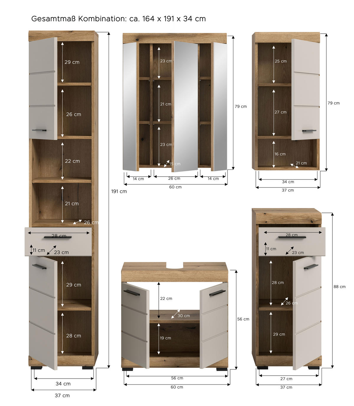 BADEZIMMER 5-teilig  in 134 cm  - Kaschmir/Schwarz, MODERN, Glas/Holzwerkstoff (134cm) - MID.YOU
