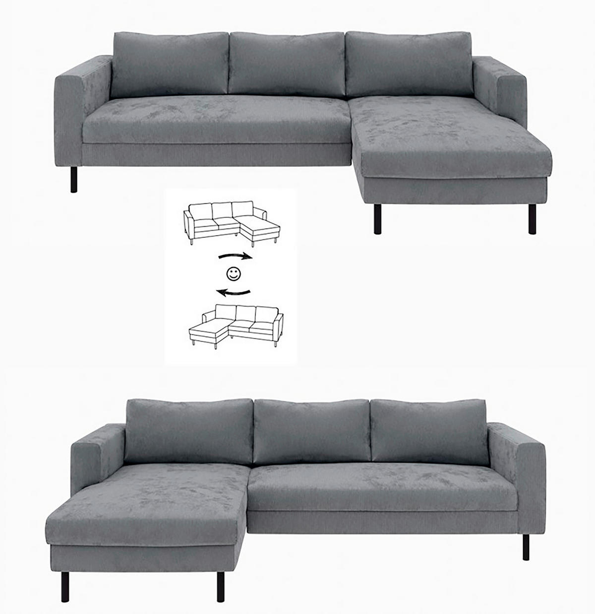 ECKSOFA Dunkelgrau Cord  - Dunkelgrau/Schwarz, MODERN, Textil/Metall (232/161cm) - Trendmanufaktur