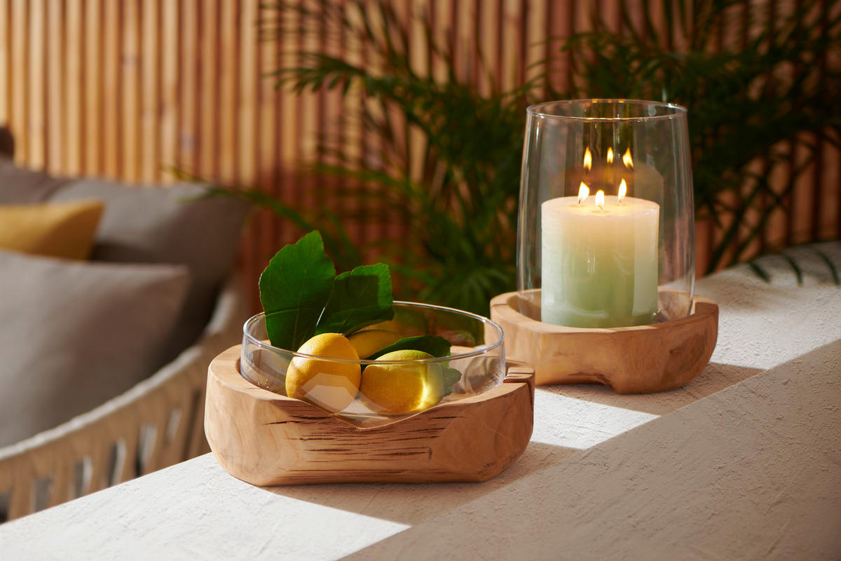MÉCSESTARTÓ - tíkfa/átlátszó, Lifestyle, Üveg/fa (23,00/27,00/23,00cm) - Leonardo