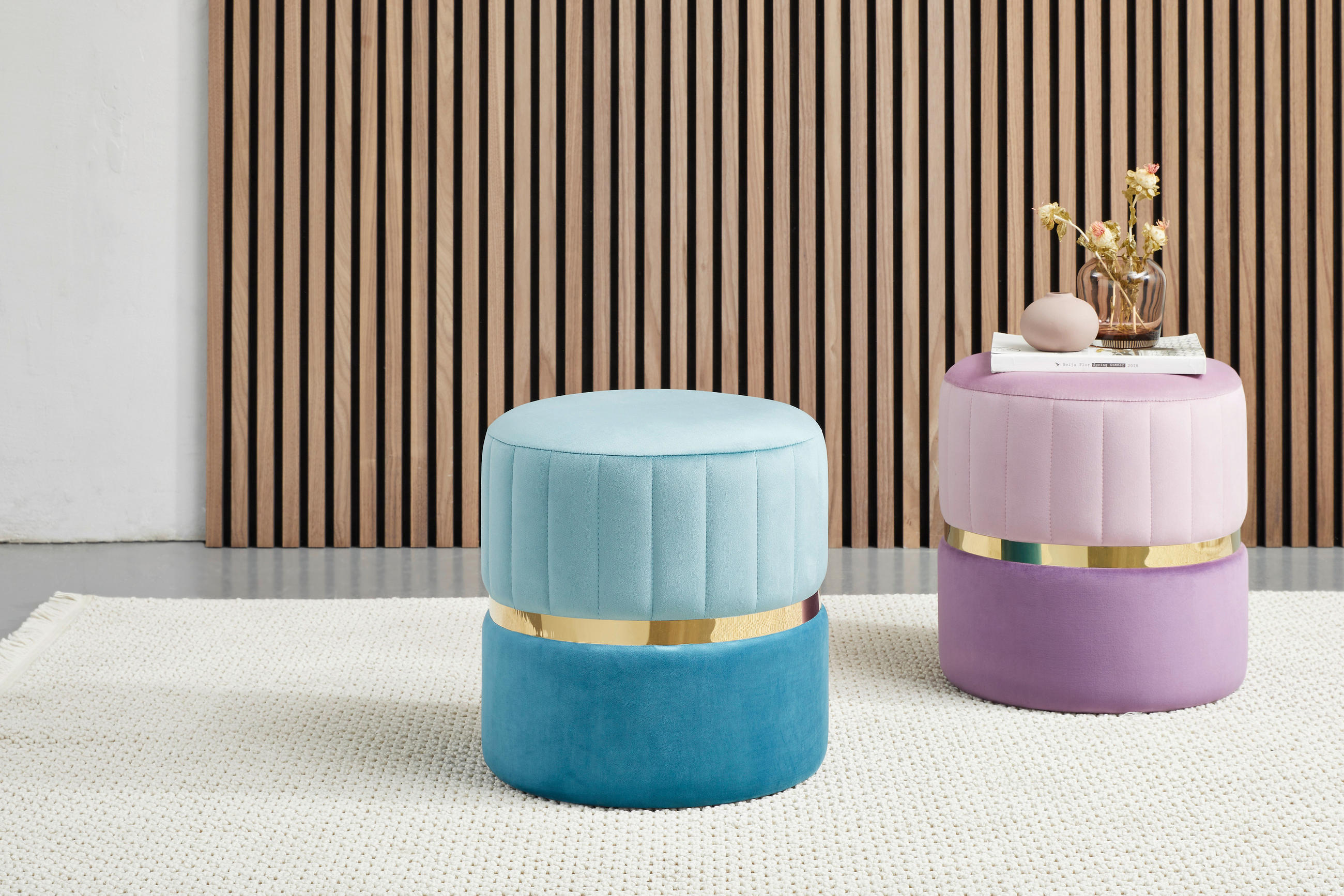 HOCKER Samt, Vliesstoff Türkis, Goldfarben, Hellblau  - Türkis/Goldfarben, Trend, Textil/Metall (38/40/38cm) - Xora