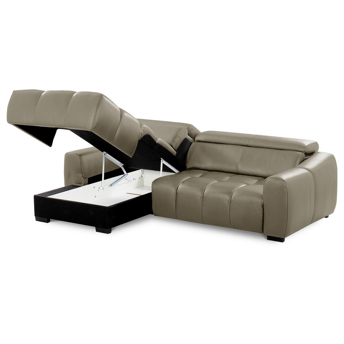 ECKSOFA AVEIRO Taupe Echtleder Bettkasten, Kopfteilverstellung, Sitzvorzug  - Taupe/Schwarz, Design, Leder/Kunststoff (177/274cm) - Livetastic