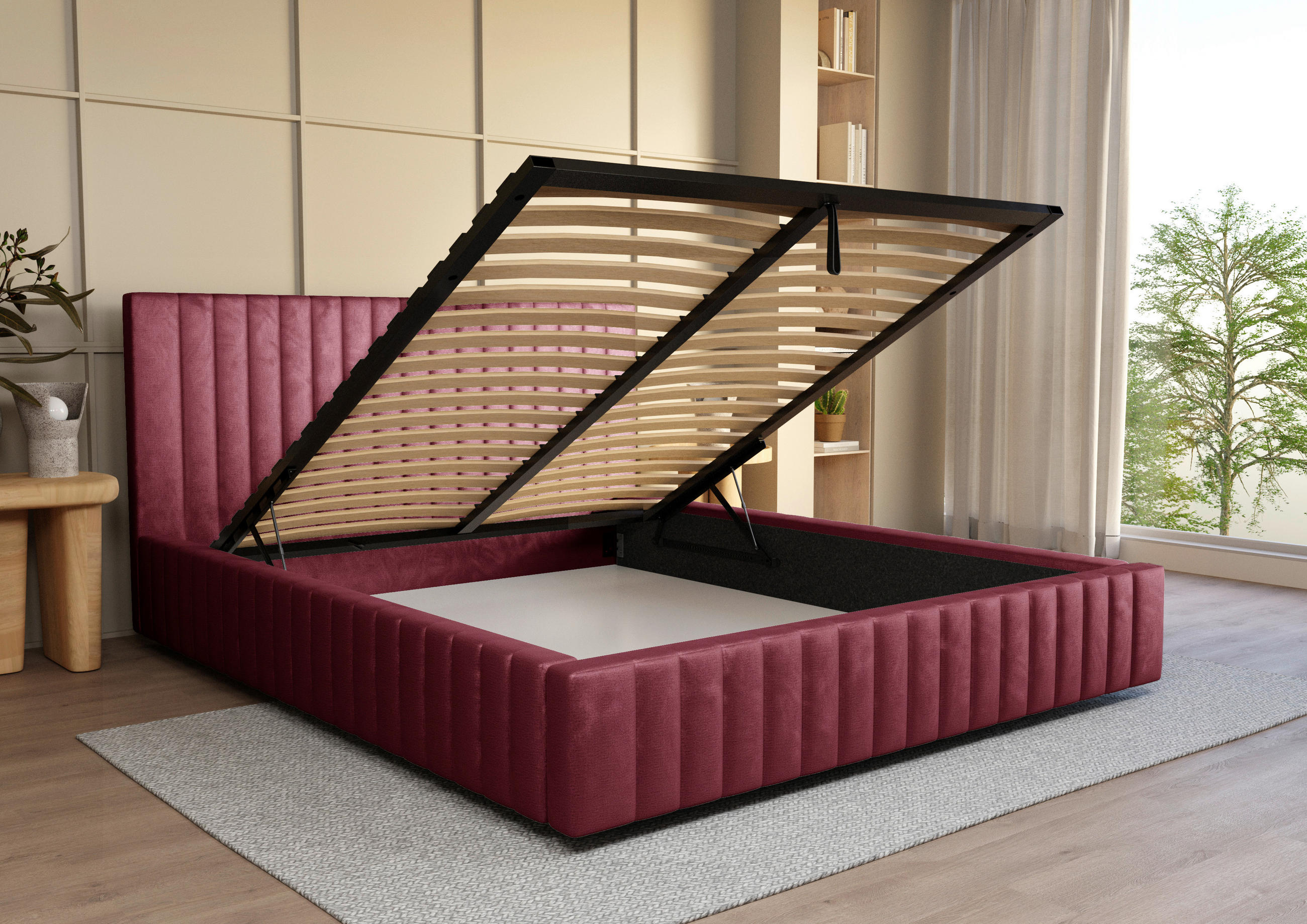 POLSTERBETT Lattenrost, Bettkasten 180/200 cm  in Bordeaux  - Bordeaux/Schwarz, Design, Holz/Kunststoff (180/200cm) - Boxxx