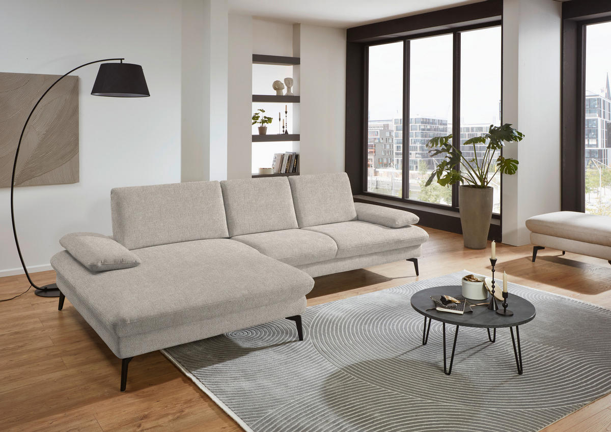 ECKSOFA in Chenille, Mikrofaser Ecru  - Ecru/Schwarz, Design, Textil/Metall (157/299cm) - Dieter Knoll