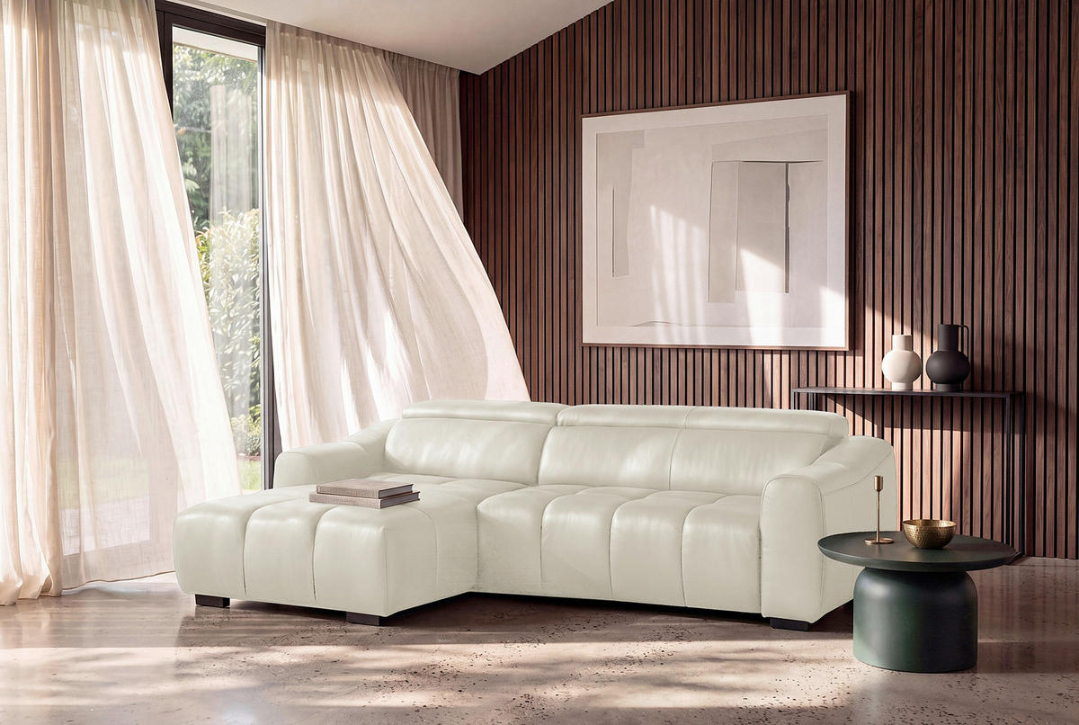 ECKSOFA 177/274 cm AVEIRO in Echtleder Creme Bettkasten, Kopfteilverstellung, Sitzvorzug  177/274 cm  - Creme/Schwarz, Design, Leder/Kunststoff (177/274cm) - Livetastic