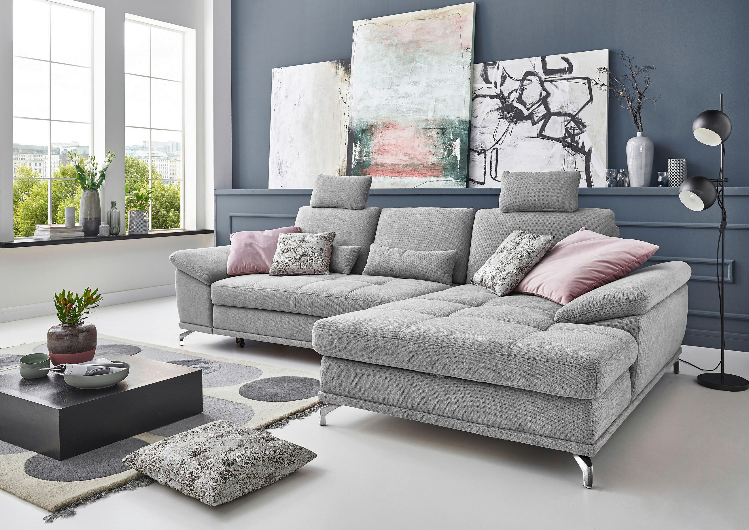 ECKSOFA Silberfarben Flachgewebe  - Silberfarben, KONVENTIONELL, Textil/Metall (301/176cm) - Sit & More