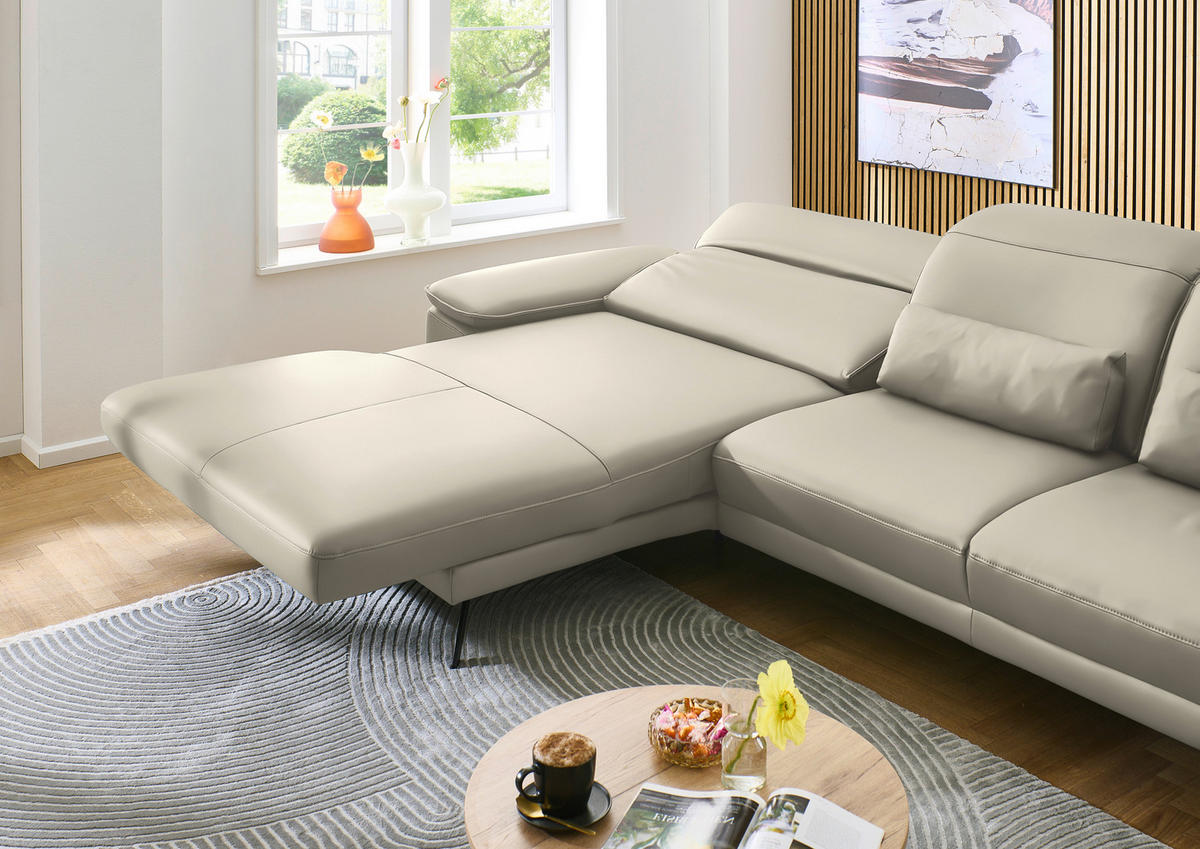 ECKSOFA in Echtleder Ecru  - Ecru/Schwarz, Design, Leder/Metall (193/332cm) - Dieter Knoll