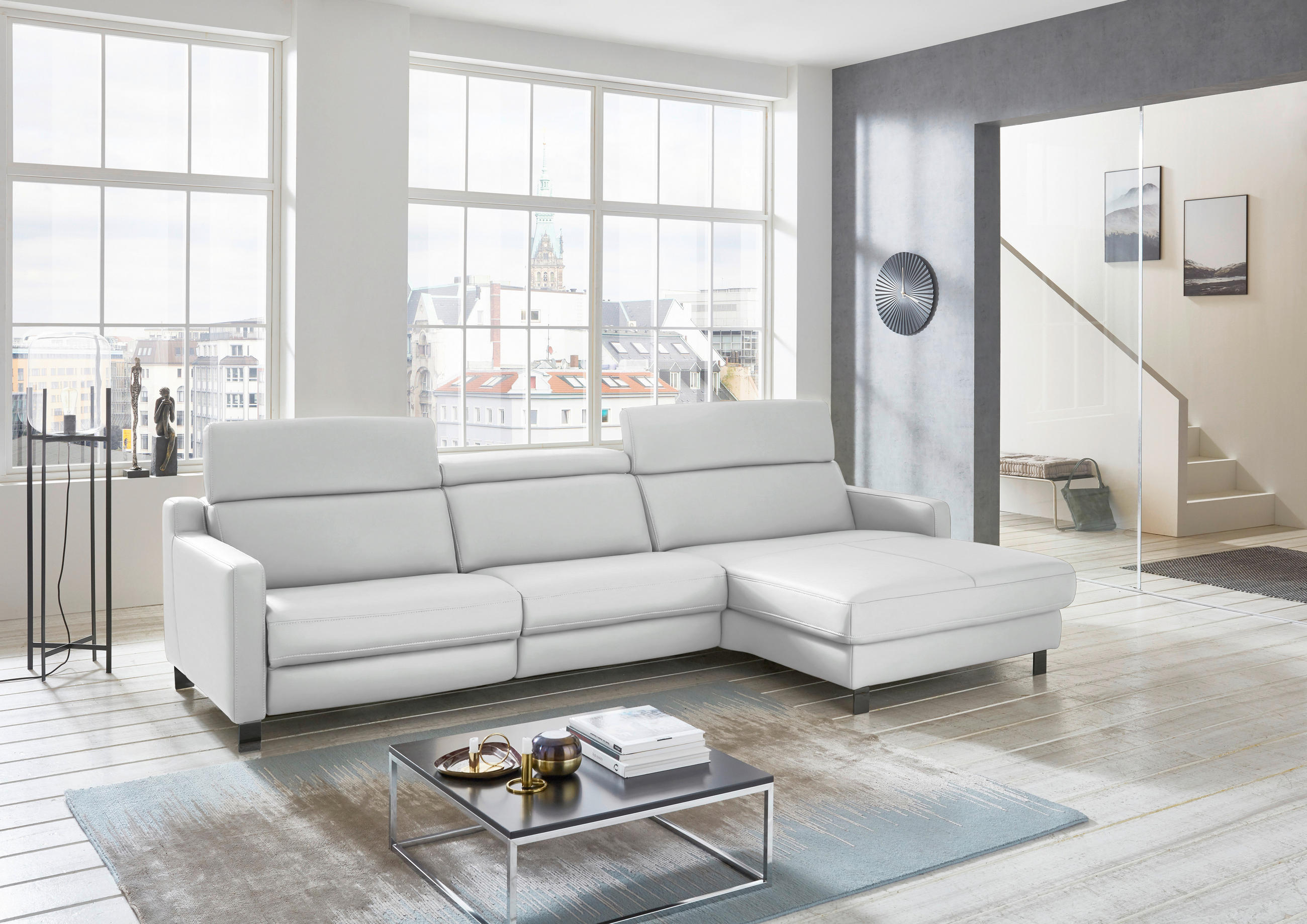 ECKSOFA in Echtleder Weiß  291/176 cm  - Schwarz/Weiß, Design, Leder/Metall (291/176cm) - Valdera