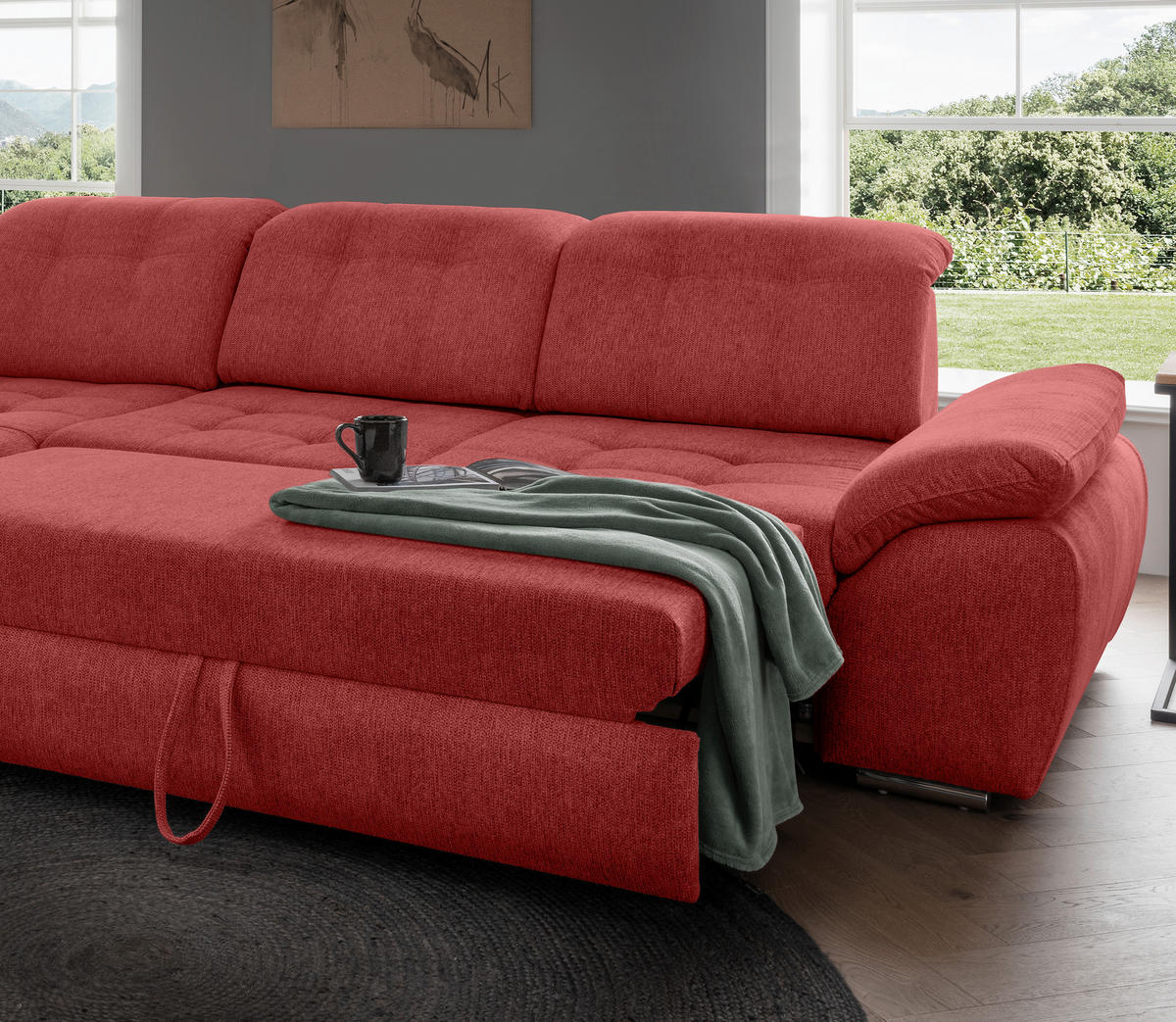 ECKSOFA Flachgewebe Rot  - Chromfarben/Rot, Modern, Textil/Metall (254/308cm) - Livetastic