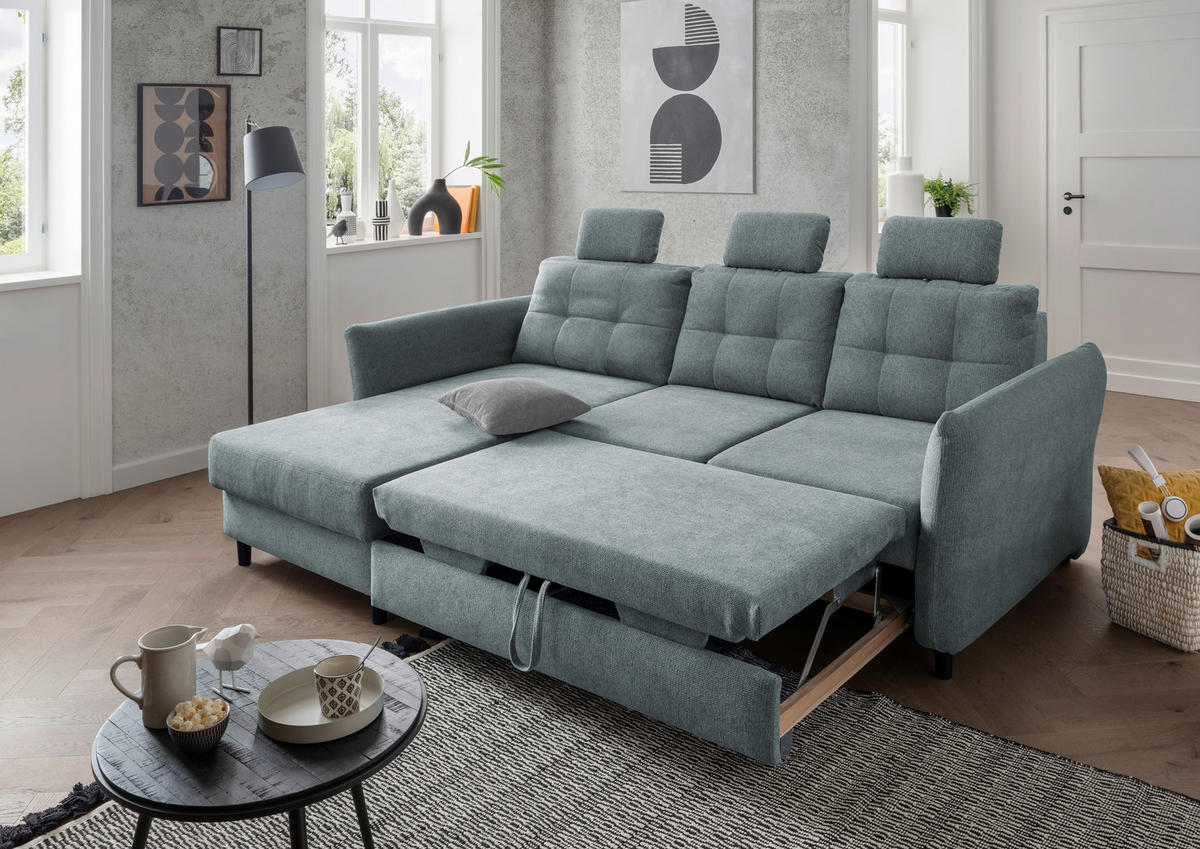 ECKSOFA in Chenille Blau  - Mintgrau/Blau, Modern, Holz/Textil (176/250-280cm) - Livetastic
