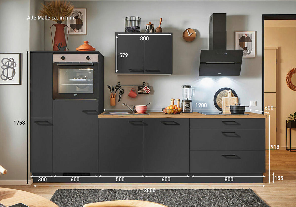KÜCHENBLOCK PN 80 280 cm  in Graphitfarben, Eichefarben  - Eichefarben/Schwarz, Design, Holzwerkstoff/Metall (280cm) - Pino
