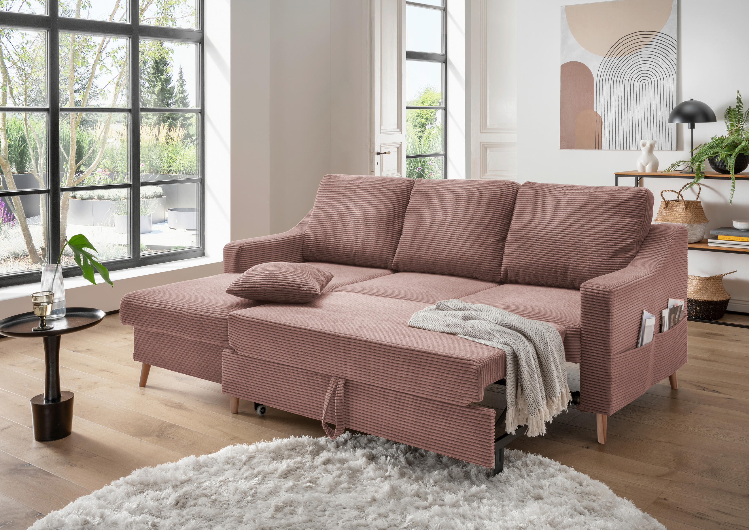 ECKSOFA Rosa Cord  - Naturfarben/Rosa, Design, Holz/Textil (150/228cm) - P & B