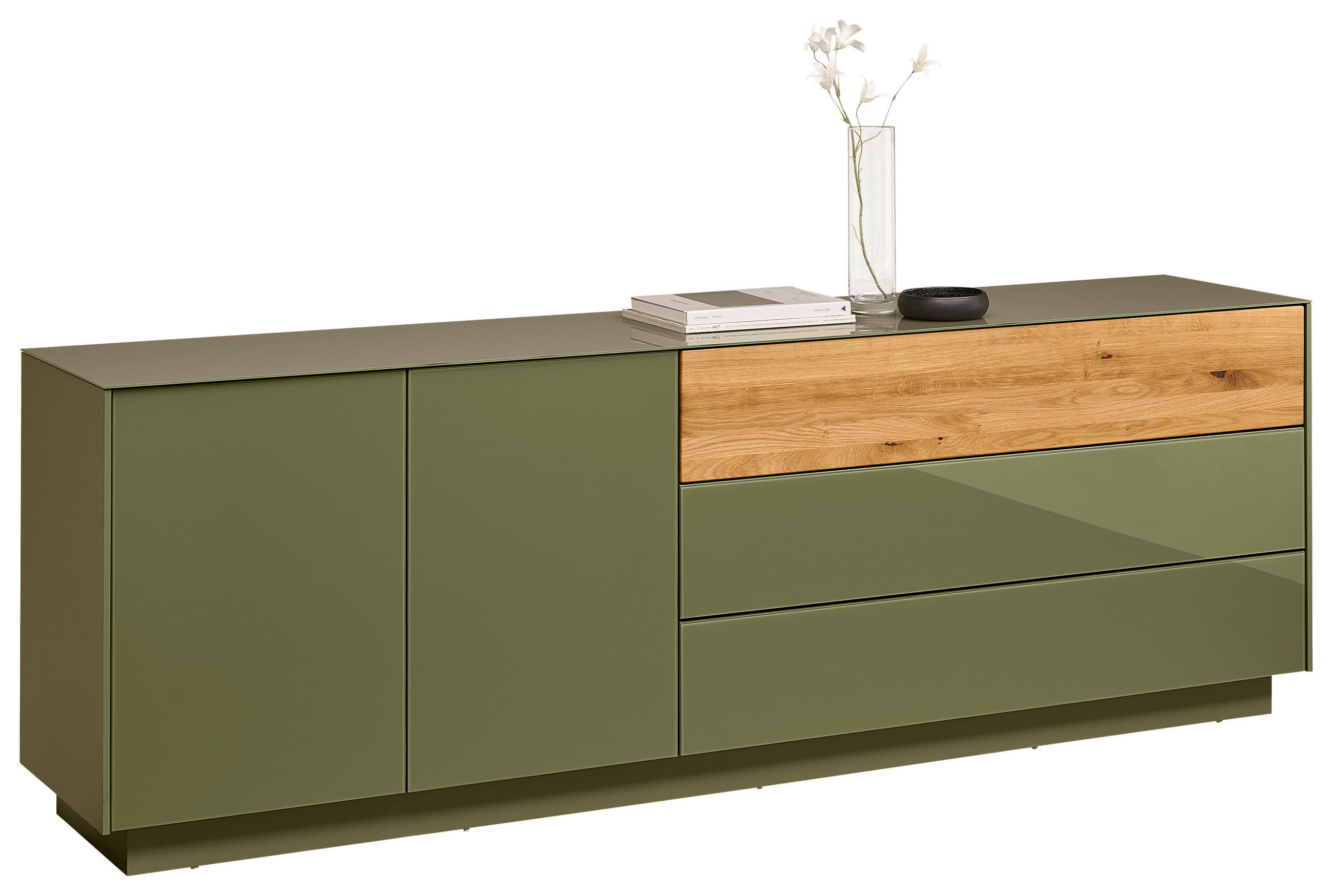 TV-SZEKRÉNY 207/69/42 cm  - olívazöld/tölgyfa, Design, faalapú anyag/Üveg (207/69/42cm) - Novel