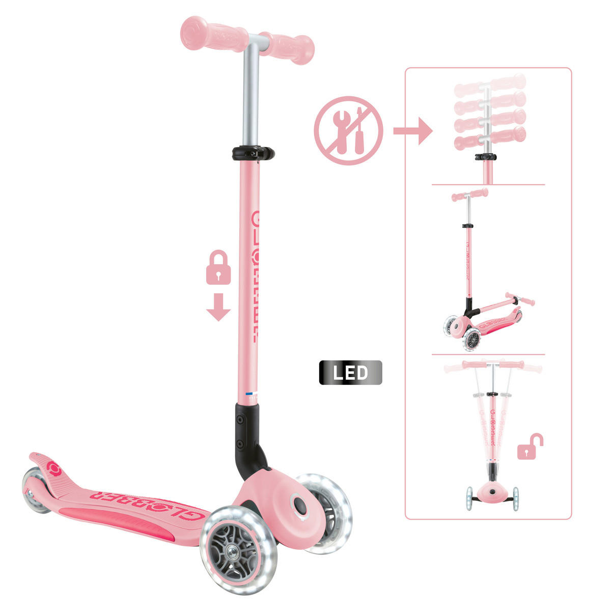 KINDERSCOOTER PRIMO FOLDABLE PLUS LIGHTS  - Pink, LIFESTYLE, Kunststoff/Metall (57,5/28/82,5cm) - GLOBBER