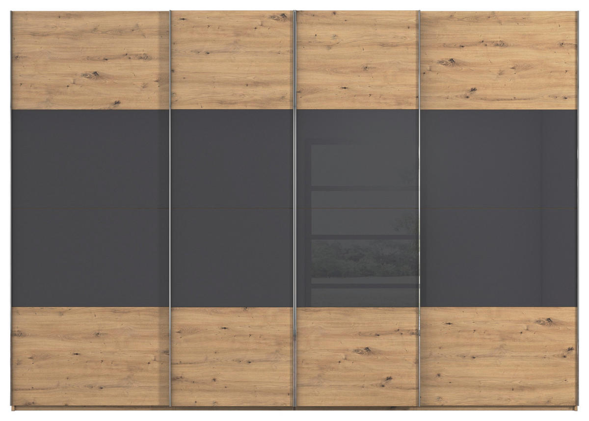 SCHWEBETÜRENSCHRANK 316/235/68 cm 4-türig Schwarz, Eiche Artisan  - Chromfarben/Schwarz, KONVENTIONELL, Glas/Holzwerkstoff (316/235/68cm) - Novel