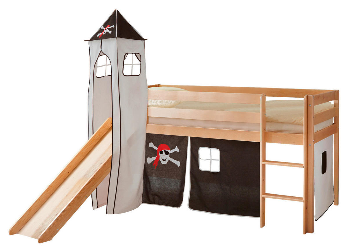 SPIELBETT Absturzsicherung, Leiter, Rutsche, Turm, Vorhang 90/200 cm  in Schwarz, Weiß, Kieferfarben  - Schwarz/Weiß, Natur, Holz (90/200cm) - MID.YOU