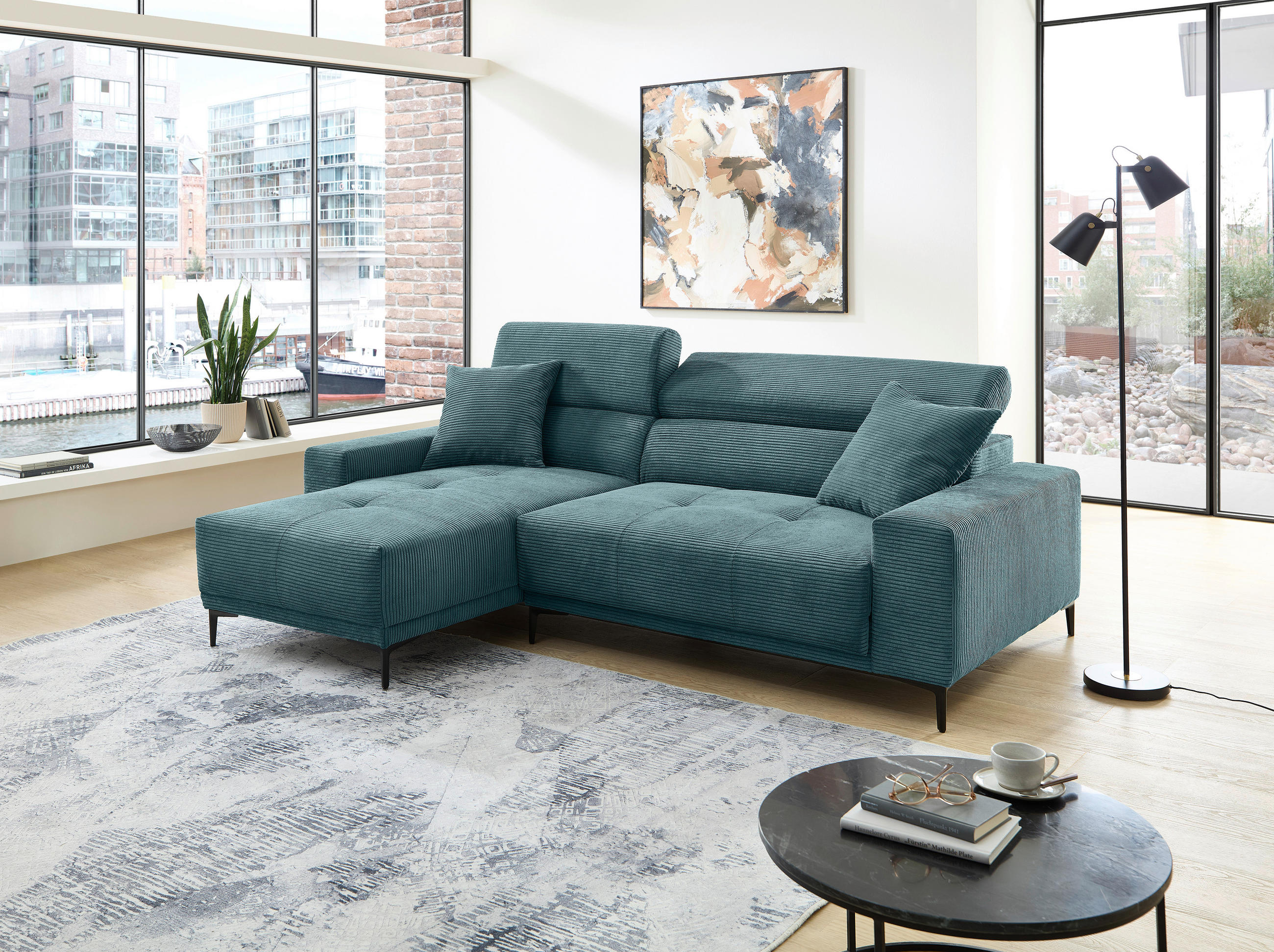 ECKSOFA Cord Petrol  - Petrol/Schwarz, Basics, Textil/Metall (183/250cm) - Livetastic