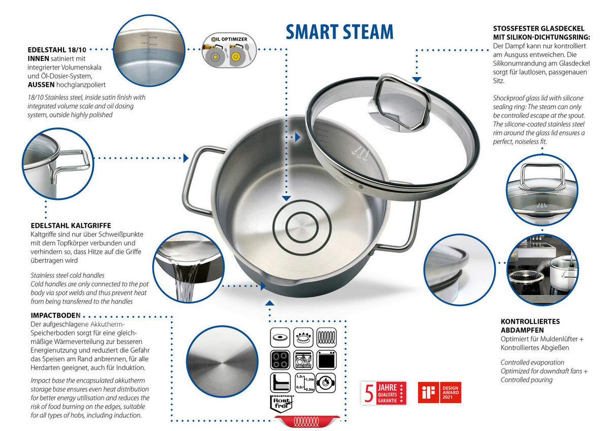 KOCHTOPFSET Smart Steam 4-teilig  - Edelstahlfarben, Basics, Metall - ELO