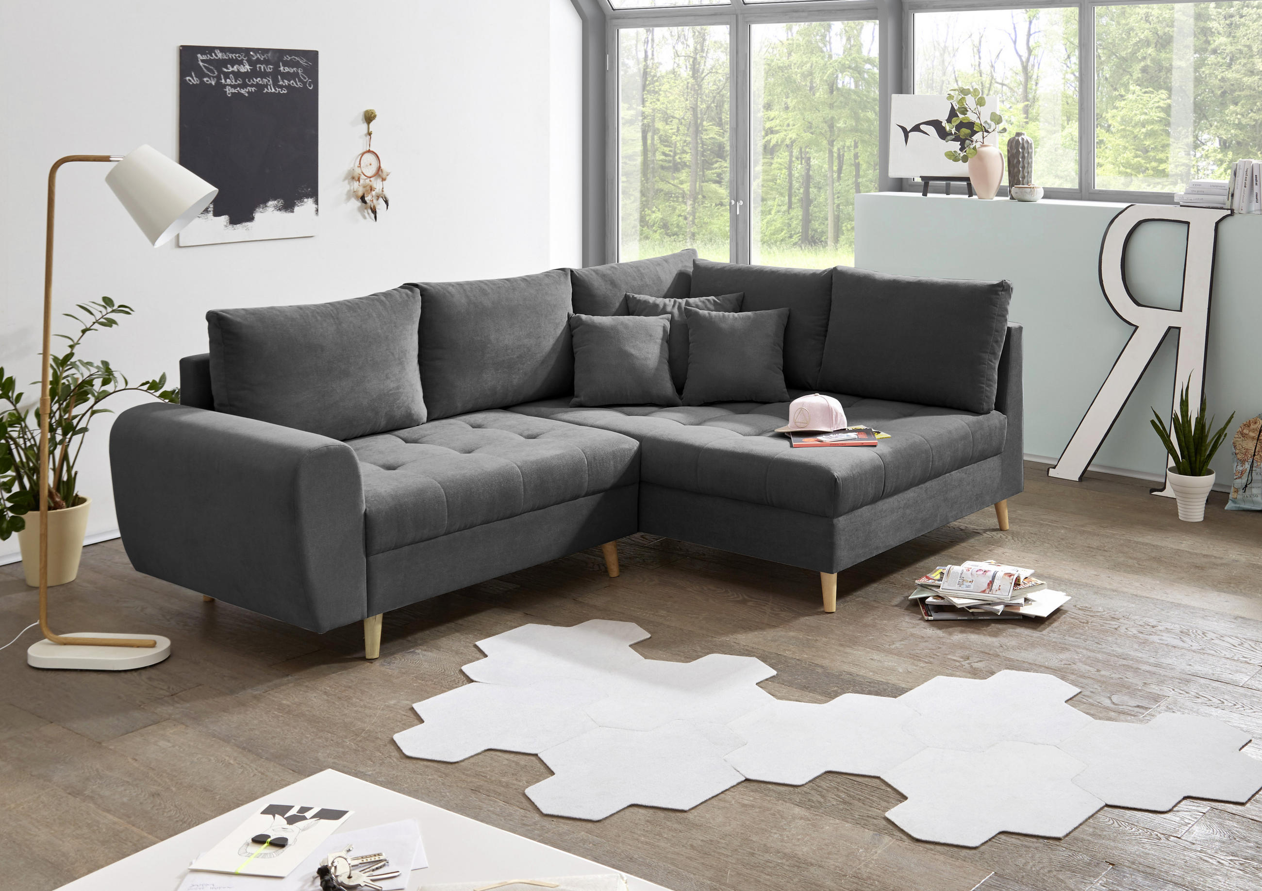 ECKSOFA Anthrazit Mikrovelours  - Anthrazit/Kieferfarben, KONVENTIONELL, Holz/Textil (249/175cm) - MID.YOU
