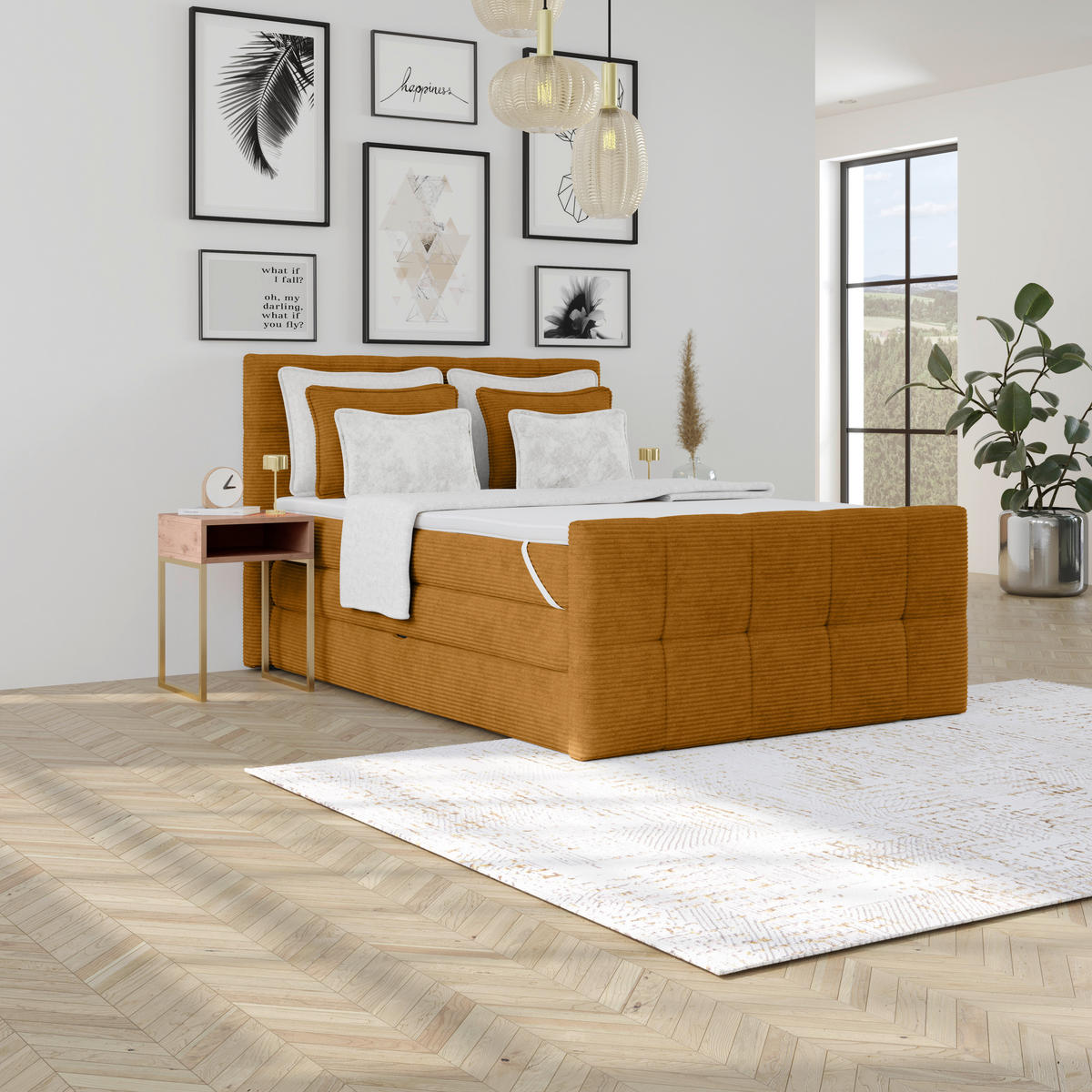 BOXSPRINGBETT 140/200 cm,  in Senfgelb, gepolstertes Kopfteil, Bettkasten, Topper, Matratzen, H4 + H4 = sehr fest  - Senfgelb, KONVENTIONELL, Holz/Holzwerkstoff (140/200cm)