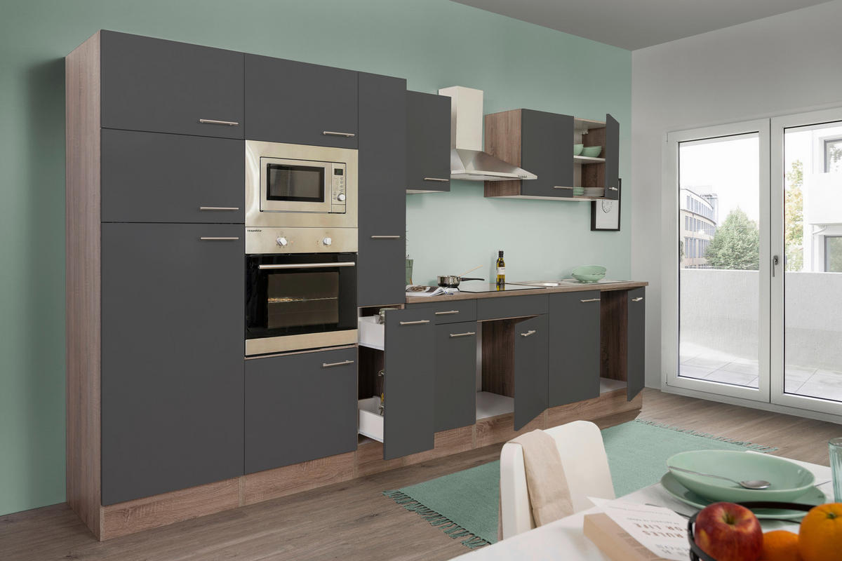 KÜCHENBLOCK 360 cm   in Grau, Eichefarben  - Edelstahlfarben/Eichefarben, Design, Holzwerkstoff/Metall (360cm) - Respekta