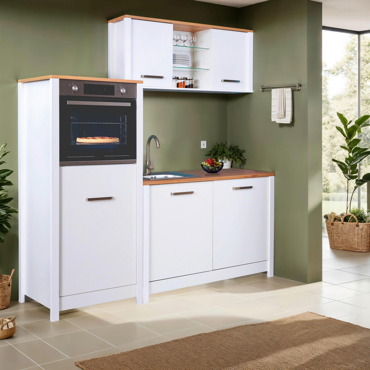 KÜCHENLEERBLOCK   in Weiß, Eiche Artisan  - Silberfarben/Weiß, MODERN, Glas/Holzwerkstoff (200/167/60cm) - home24