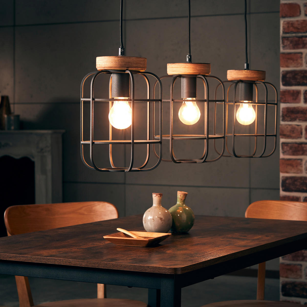 HÄNGELEUCHTE 100/20/142 cm    - Schwarz/Braun, Design, Holz/Metall (100/20/142cm) - Brilliant
