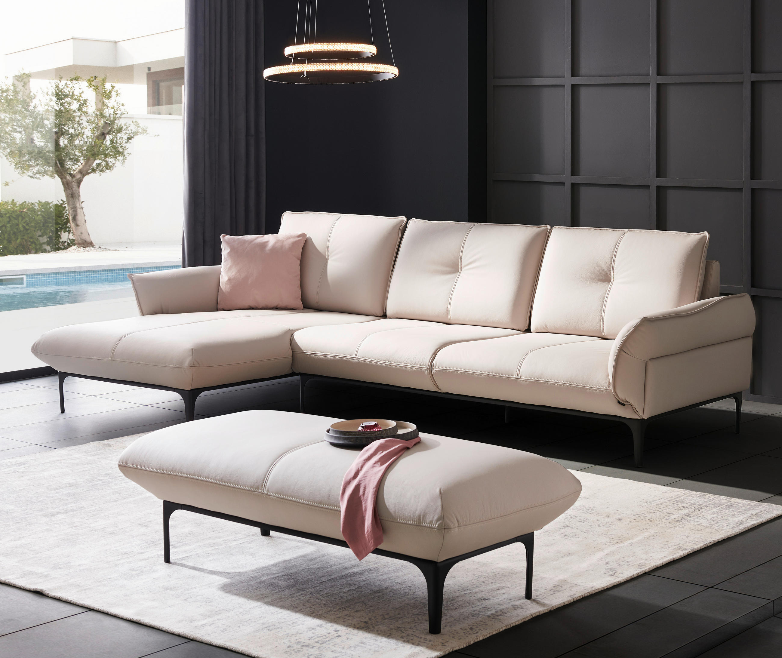 ECKSOFA Florenz Creme Echtleder  - Creme/Schwarz, Design, Leder/Metall (182/325cm) - Valnatura