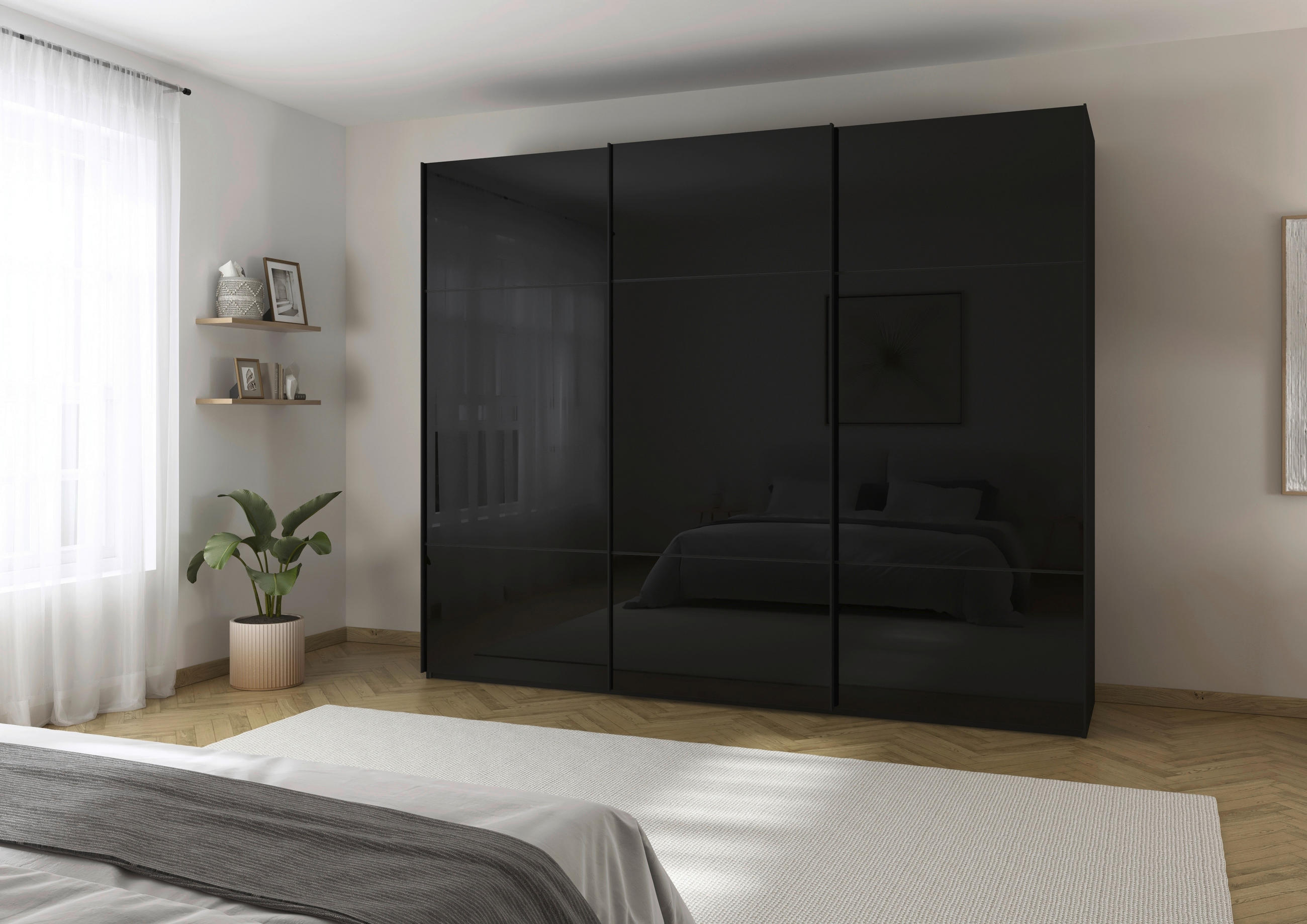 SCHWEBETÜRENSCHRANK in Schwarz  - Schwarz, Konventionell, Glas/Holzwerkstoff (242/223/68cm) - Novel