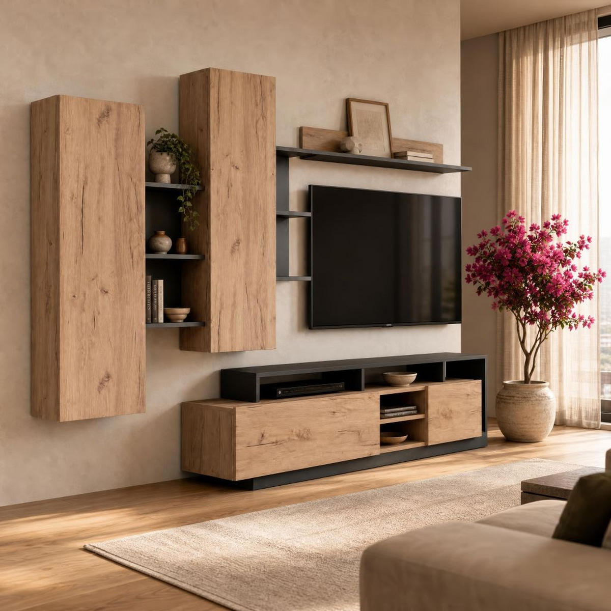 REGAL ZA DNEVNI BORAVAK antracit, hrast Artisan   - hrast Artisan/antracit, Design, drvni materijal (270/180/44cm) - Ti'me
