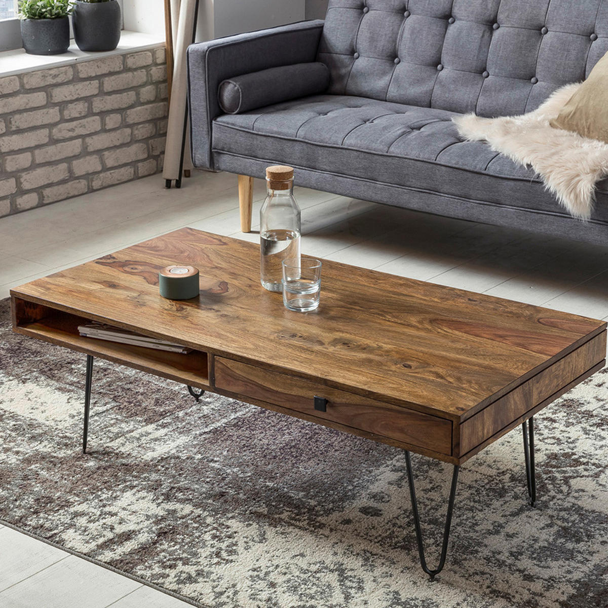 COUCHTISCH Sheesham massiv 117/60/40 cm rechteckig Sheeshamfarben  - Sheeshamfarben/Schwarz, Design, Holz/Metall (117/60/40cm) - MID.YOU
