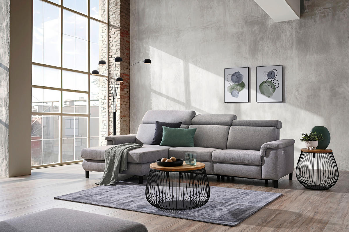ECKSOFA in Flachgewebe Hellgrau  - Hellgrau/Schwarz, Konventionell, Textil/Metall (182/304cm) - Pure Home Comfort