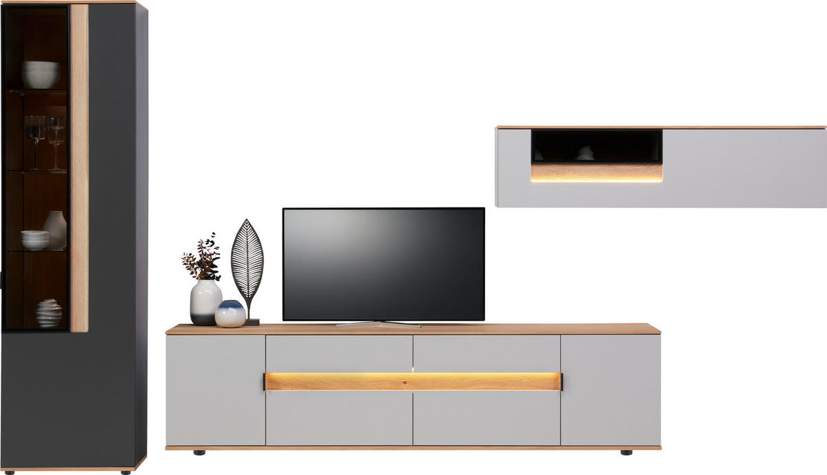 WOHNWAND CREMONA 4-teilig  in Anthrazit, Eichefarben, Hellgrau    - Eichefarben/Anthrazit, Design, Glas/Holz (370/214,6/48cm) - Dieter Knoll