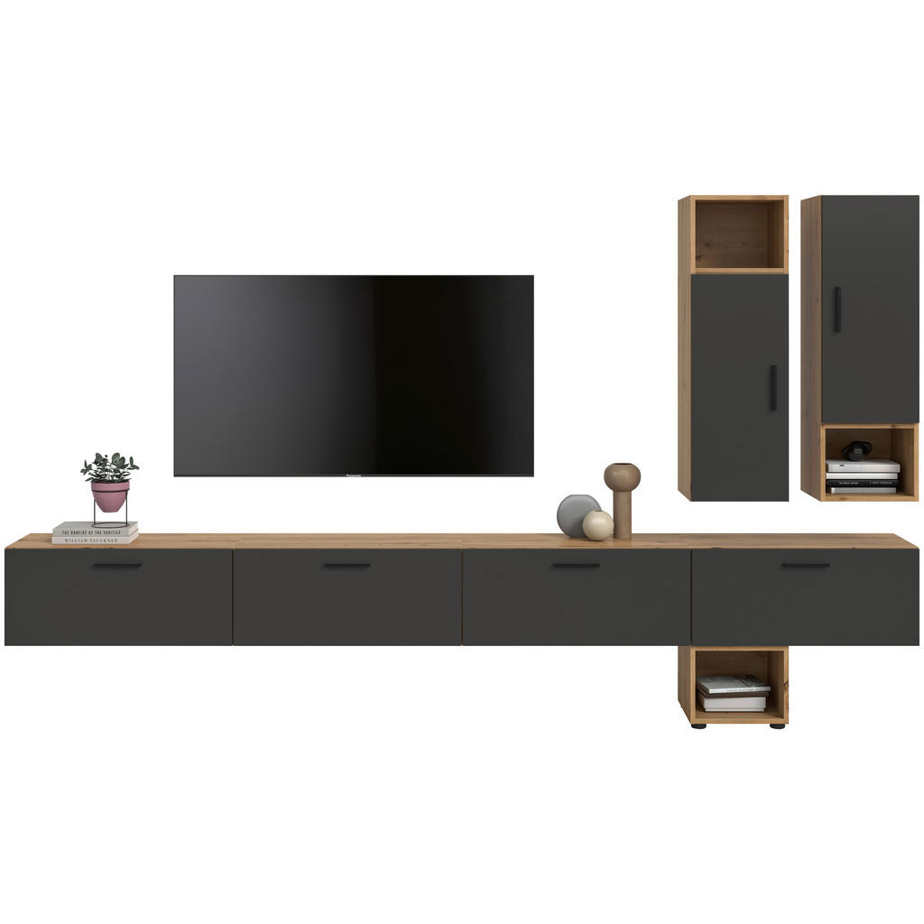 Wohnwand, The One 7, B: 300 cm Grau/Artisan Eiche Dekor