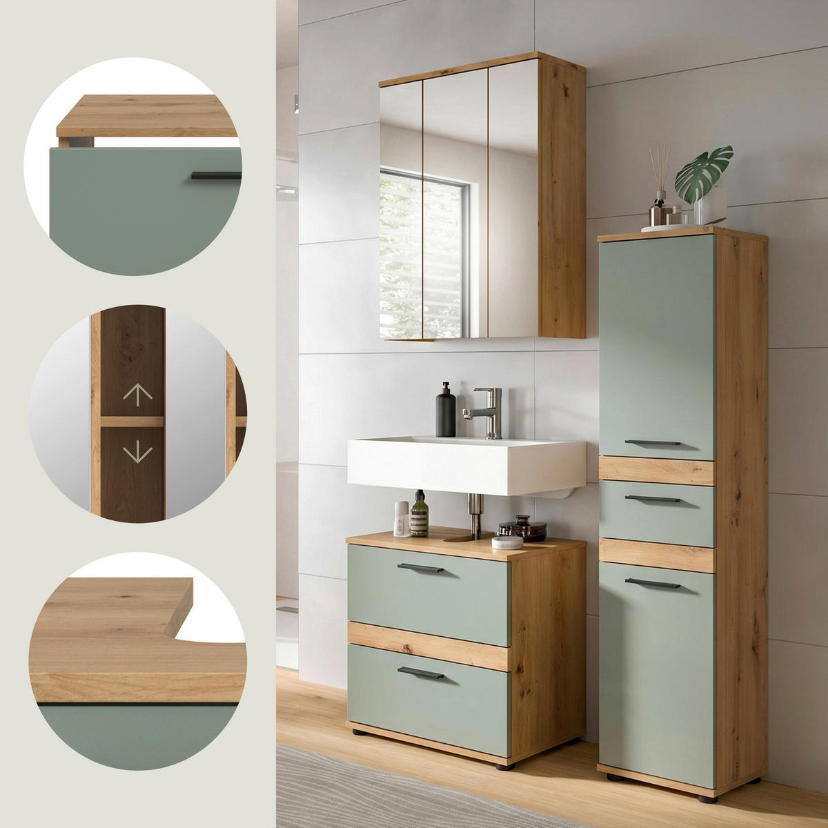 BADEZIMMER 3-teilig  in 110 cm  - Salbeigrün/Schwarz, Trend, Glas/Holzwerkstoff (110cm) - MID.YOU