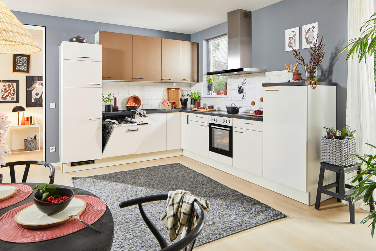 ECKKÜCHE 270/330 cm  in Weiß, Bronzefarben  - Schwarz/Weiß, Design, Holzwerkstoff/Metall (270/330cm) - Xora