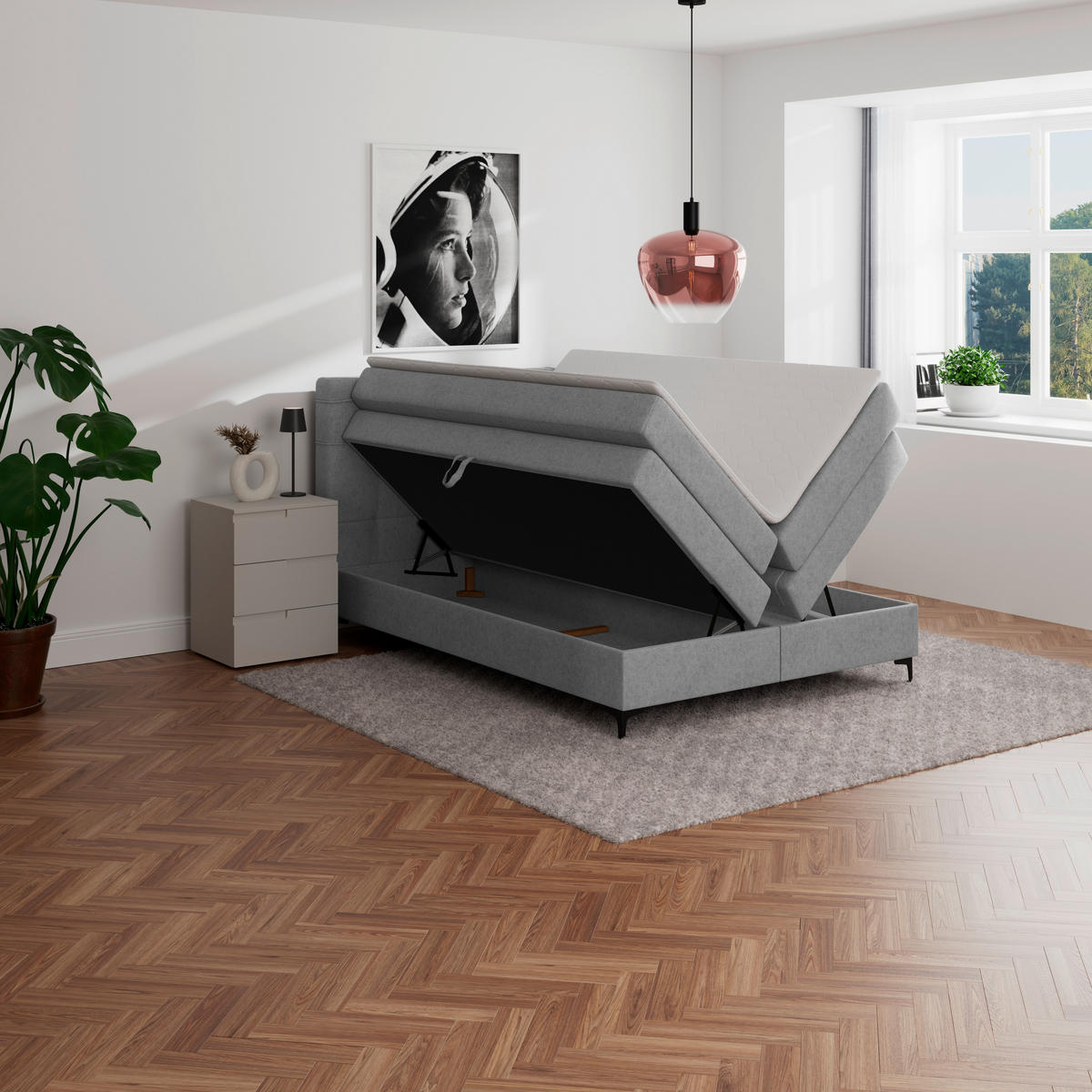 BOXSPRINGBETT 140/200 cm,  in Hellgrau, H3 = fest  - Hellgrau/Schwarz, KONVENTIONELL, Kunststoff/Textil (140/200cm)