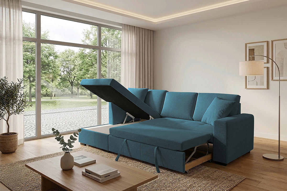 ECKSOFA LUKAS Blau Struktur Zierkissen, Bettkasten  - Blau, Trend, Textil (158/239cm) - P & B
