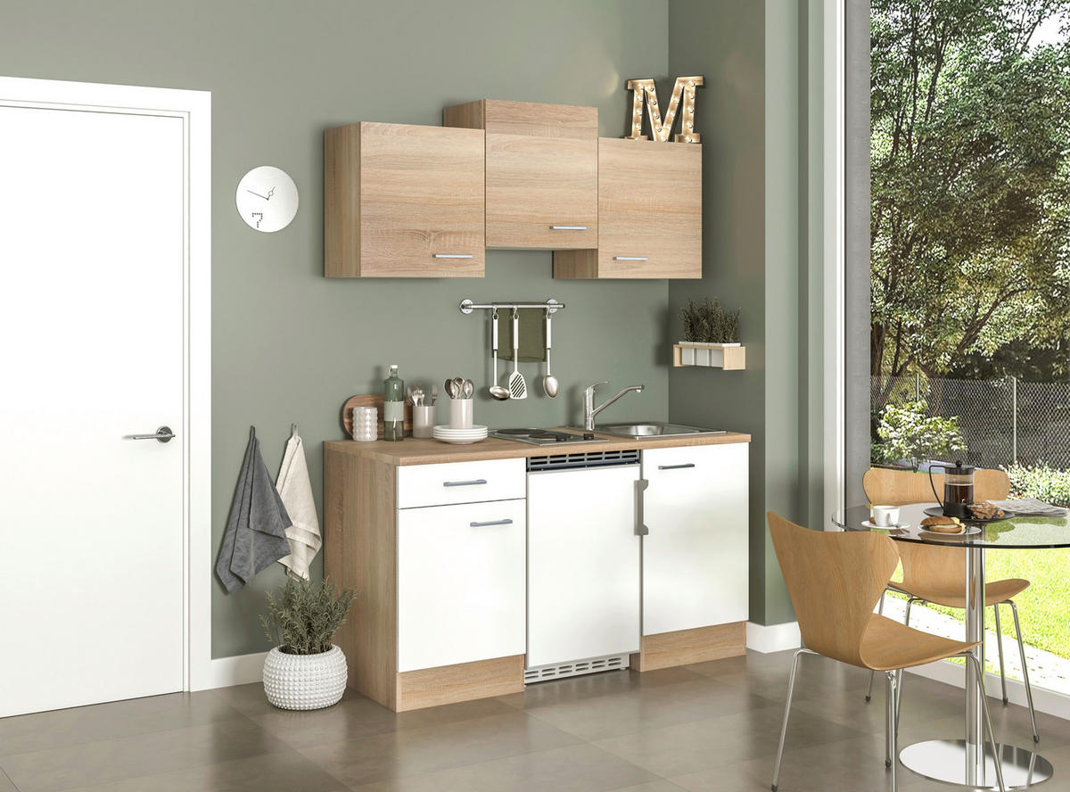 MINIKÜCHE   in Weiß, Sonoma Eiche  - Alufarben/Weiß, KONVENTIONELL, Holzwerkstoff/Kunststoff (150,5/205/60cm) - FlexWell